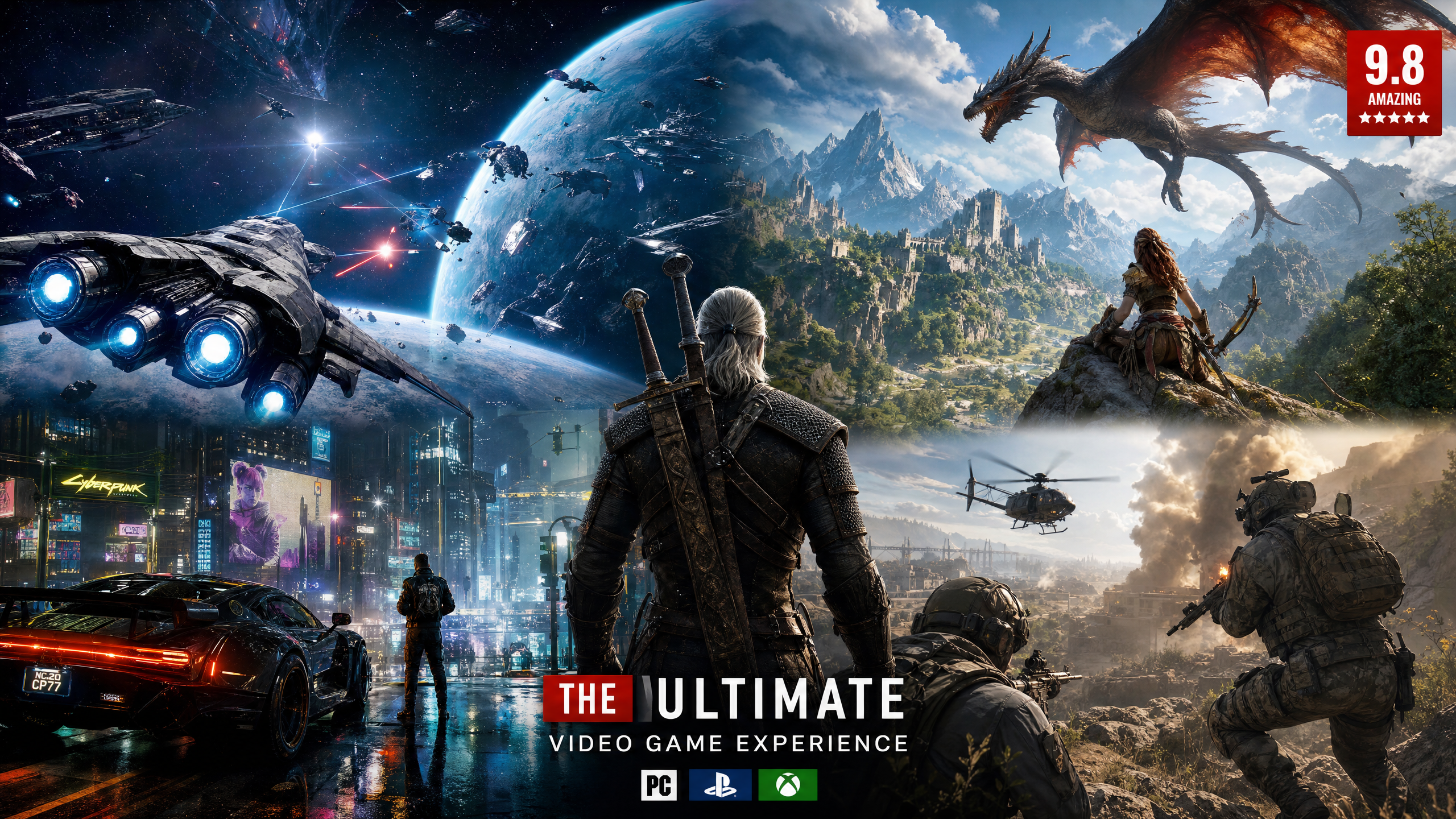 Featured game review collage showing multiple AAA titles